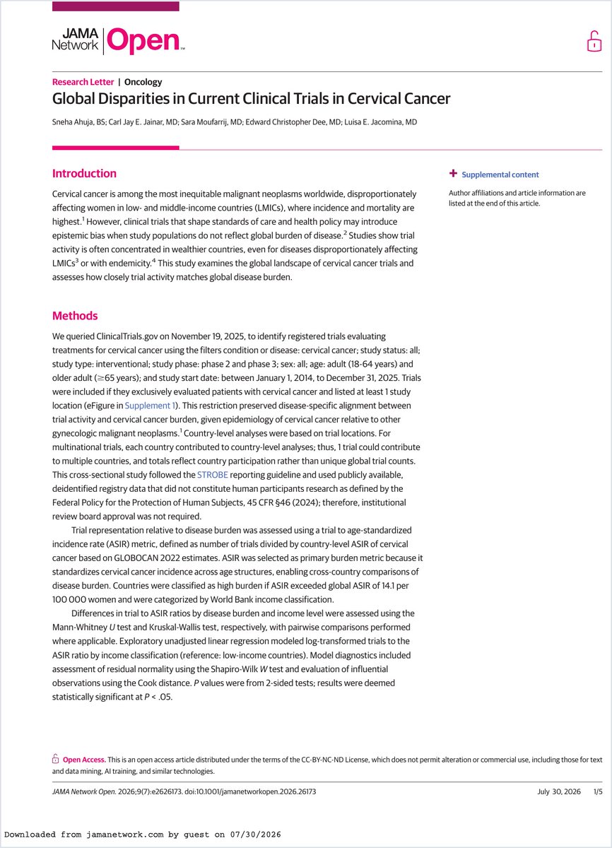 TheCORGILab's tweet photo. 🧵 READ THE CORGI

New @TheCORGILab study, out today in @JAMANetworkOpen: cervical cancer is one of the world's most inequitable cancers — and so are the clinical trials meant to fight it.

Led by @snehaahuja (a college sophomore!), mentored by Dr. @luisajacomina, in collaboration with Dr. Jainar, Dr. @saramoufarrij1, and Dr. @EChrisDee.

Here's what we found 👇

#ReadTheCORGI #CORGILab #cervicalcancer #clincaltrials @OncoAlert 1/