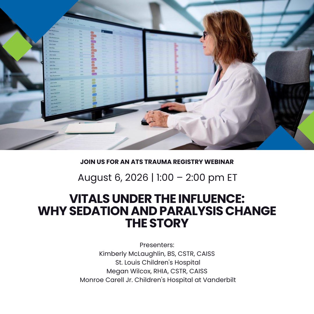 ATSTrauma's tweet photo. Don't miss out! Join us for our August ATS educational webinar.

Learn how sedation, paralytics, and medication timing can influence the abstraction of initial trauma vital signs. Kimberly McLaughlin and Megan Wilcox will share practical guidance to help trauma registrars improve abstraction accuracy and avoid common documentation pitfalls.

August 6, 2026
1:00–2:00 PM ET

FREE for ATS Members | $25 for Non-Members

Register today on our website!

#AmericanTraumaSociety #TraumaRegistry #TraumaCare #TraumaRegistrar #ProfessionalDevelopment