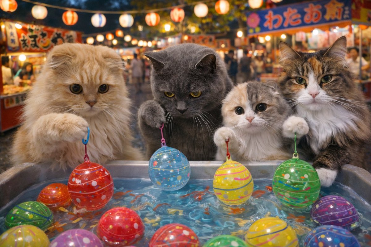neko_buri's tweet photo. おはようございます🍉

シュールな夏祭り🏮

左から
てんくん🐈ブリ🐈‍⬛らむね🐈アオちゃん

#ブリティッシュ #スコティッシュ
#ノルウェージャン

らむねは金魚すくいに夢中🐟

#良い週末をお過ごしくださいね https://t.co/Ix5gMJgWjQ