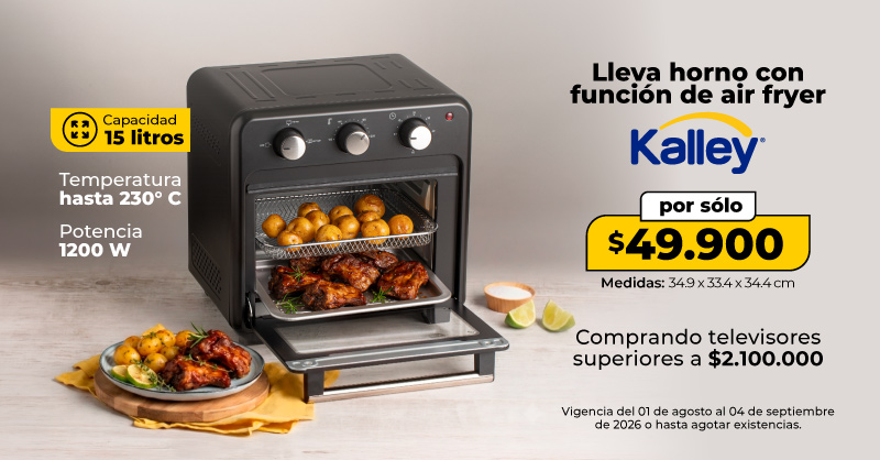 KalleyHogar's tweet photo. Renueva tu sala con un TV superior a $2.100.000 y completa tu cocina con un Horno Air Fryer Kalley por solo $49.900. Promoción válida hasta el 4 de septiembre de 2026. 🛒 ¡Corre por el tuyo antes de que se acaben!