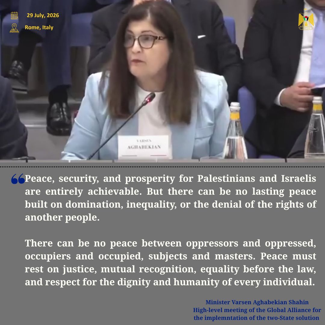 Palestine_UN's tweet photo. 🇵🇸🇮🇹At the meeting of the Global Alliance on the Two-State Solution in Rome, Minister Dr. Varsen Aghabekian Shahin reiterated that: https://t.co/auFdWkAcax