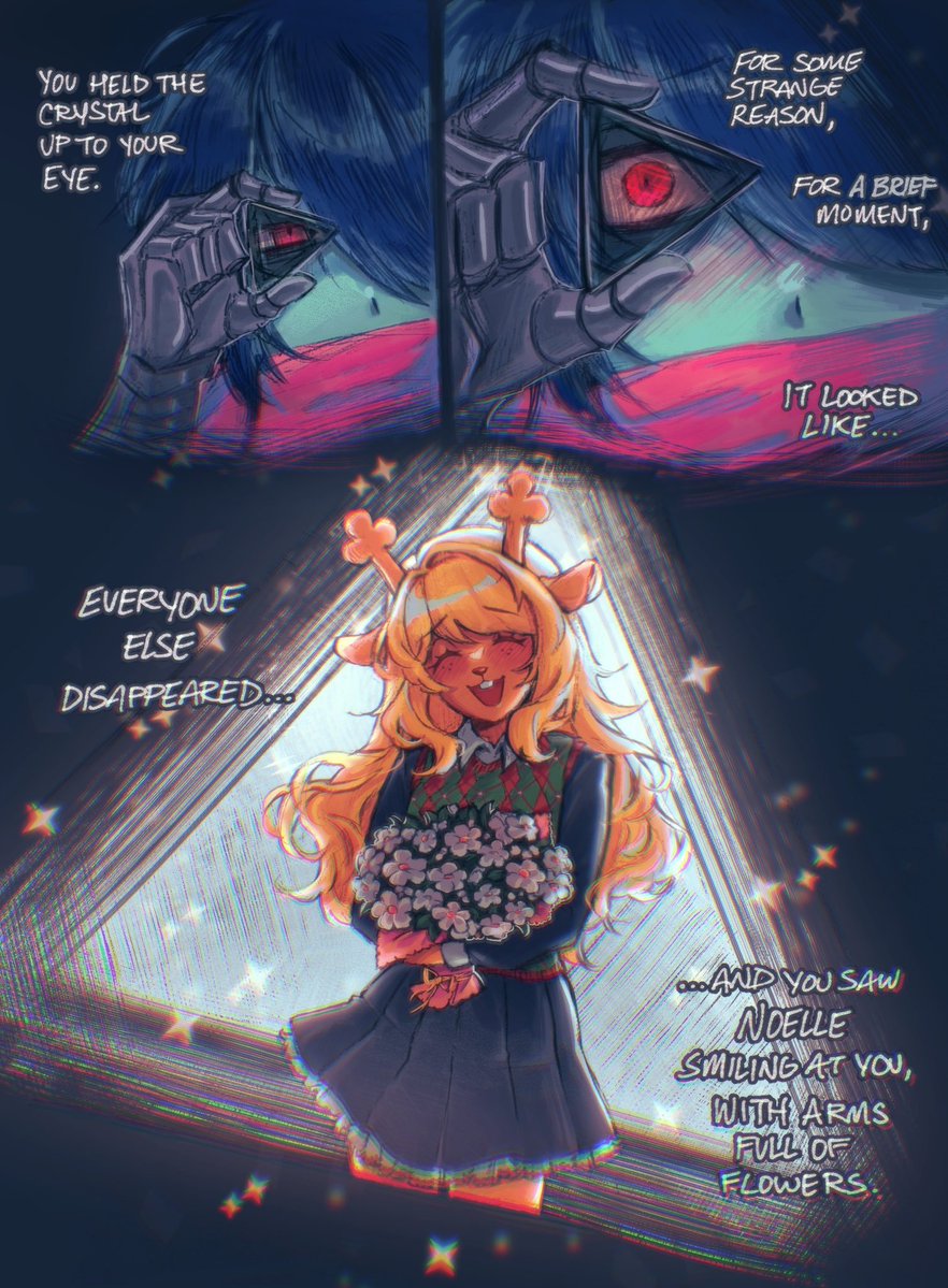 kenjiendou0's tweet photo. You held the crystal up to your eye.
For some strange reason, for a brief moment, it looked like...
Everyone else disappeared...
...and you saw Noelle smiling at you, with arms full of flowers. https://t.co/cg6IMXoox5