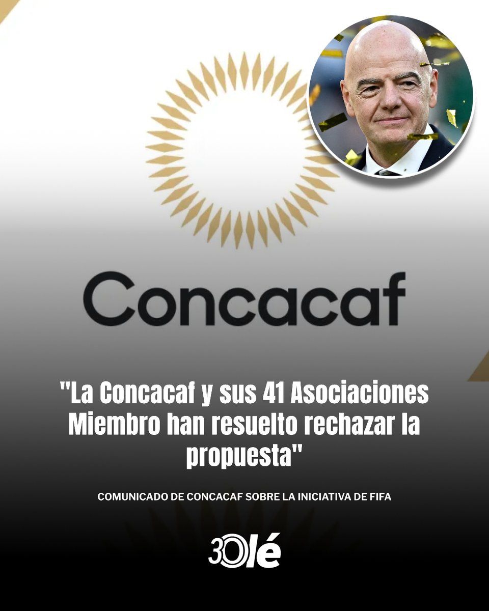 DiarioOle's tweet photo. 🚨❌ CONCACAF RECHAZÓ LA PROPUESTA DE LA FIFA PRESENTADA POR INFANTINO

🔍 El presidente de la FIFA presentó un proyecto para crear una nueva sociedad que gestione las competencias más importantes del organismo, entre ellas el Mundial y el Mundial de Clubes. La propuesta contempla una valoración inicial de 20.000 millones de dólares y la incorporación de inversores privados

✍️ Y la CONCACAF emitió un comunicado al respecto:

"(...) La Concacaf convocó hoy a una reunión con los presidentes de sus 41 Asociaciones Miembro, junto con su Presidente, los miembros del Consejo y sus representantes en el Consejo de la FIFA, para debatir una propuesta desarrollada y presentada por el Presidente de la FIFA para establecer "FIFA Forward Enterprise" y vender participaciones de la Copa Mundial de la FIFA a inversores privados.

Durante la reunión, los miembros expresaron su profunda preocupación por la falta de un debido proceso en torno a la propuesta, el plazo artificialmente corto que se impuso y la ausencia de revisión o aprobación por parte de los órganos de gobernanza correspondientes de la FIFA.

Además, se cuestionó la necesidad de recurrir a inversiones de capital privado para financiar programas nuevos y existentes de FIFA Forward tras la Copa Mundial de la FIFA más rentable de la historia. El debate reforzó la necesidad de una mayor transparencia y una gobernanza adecuada.

Por estas razones, la Concacaf y sus 41 Asociaciones Miembro han resuelto:

Rechazar la propuesta;

Encargar a sus miembros del Consejo de la FIFA que se pongan en contacto con la institución para determinar cómo se pueden utilizar sus vastas reservas existentes para aumentar la financiación de FIFA Forward destinada al desarrollo del fútbol en nuestra región; y

Encargar a sus miembros del Consejo de la FIFA que instruyan al Presidente de la FIFA a garantizar que cualquier asunto siga los procesos de gobernanza adecuados a través del personal y del Consejo de la FIFA, de conformidad con los Estatutos de la FIFA.

A través de estas acciones, la Concacaf reafirma que el futuro del fútbol —y su mayor activo— debe permanecer en manos de nuestra familia del fútbol"