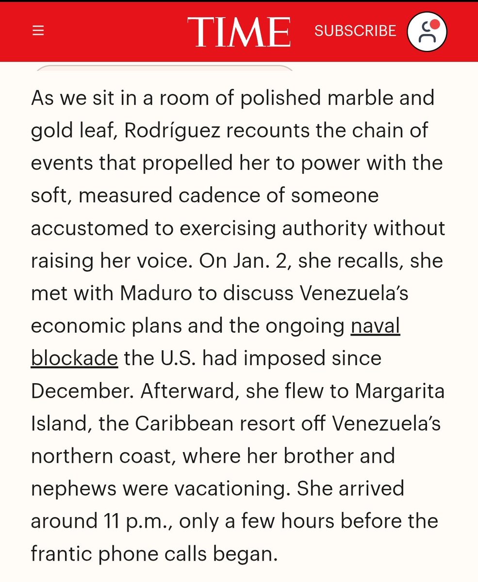 HeverCastroB's tweet photo. Acabo de leer la entrevista que le hizo la revista @TIME a Delcy Rodríguez, es larga, pero solo destacaré las 4 cosas más relevantes según mi perspectiva:

1️⃣- El 3 de enero cuando atraparon a Maduro, ella estuvo horas antes reunida con él hasta tarde en su residencia en Caracas, su hermano Jorge ya estaba en Margarita con sus hijos y familia (de vacaciones), ella al terminar la reunión con Maduro, abordó su avión y se fue también a Margarita, donde llegó alrededor de las 11 pm, no durmió, se quedó despierta hasta las 2am cuando sucedió todo lo que sabemos.

Vamos a pensar bien y decir que fue casualidad que toda la familia Rodríguez dejó la capital ese día, no sabían nada, claro. 🫣