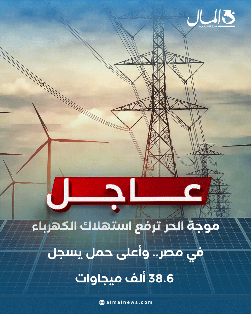 Almalweb's tweet photo. #عاجل| موجة الحر ترفع استهلاك الكهرباء في مصر.. وأعلى حمل يسجل 38.6 ألف ميجاوات
للتفاصيل: https://t.co/FYp3PpG6co https://t.co/lmN16O4IrH