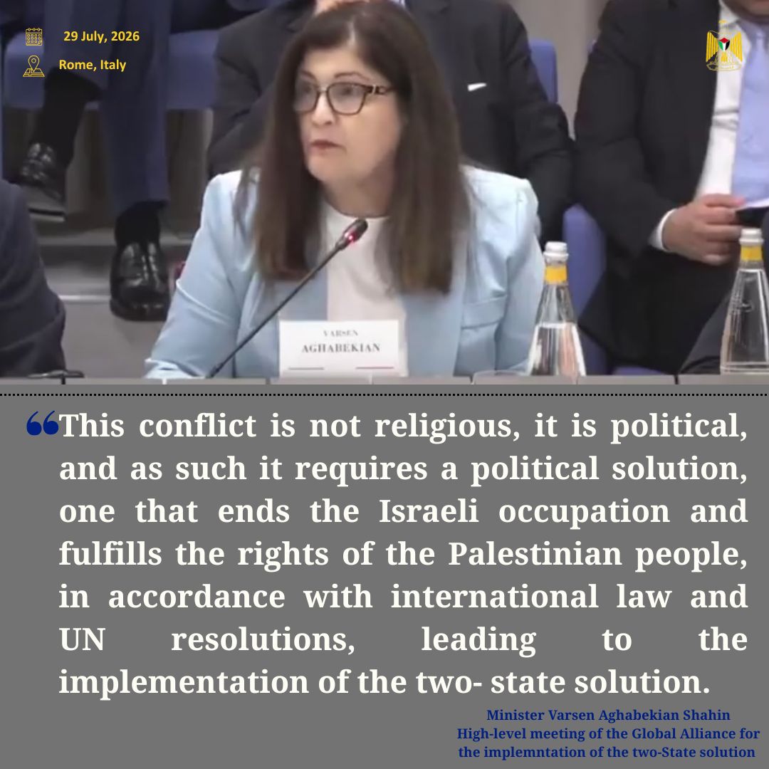 Palestine_UN's tweet photo. 🇵🇸🇮🇹At the meeting of the Global Alliance on the Two-State Solution in Rome, Minister Dr. Varsen Aghabekian Shahin reiterated that: https://t.co/6gAa10YC8v