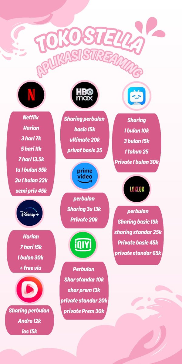 Stellalyxy's tweet photo. Pricelist lengkapnya dan masih beberapa gak masuk dari pricelist (karna gak muat)
Aku stock banyak 
Netflix, Disney, iqiyi,wetv,vidio, Prime,hbo,gagaoolala, bstation, moviebox,melolo,Canva,Spotify dan masih banyak lagi.

Yang gada di pricelist bisa dm x or wa (fast)

#zonauang https://t.co/FJStX9RChc