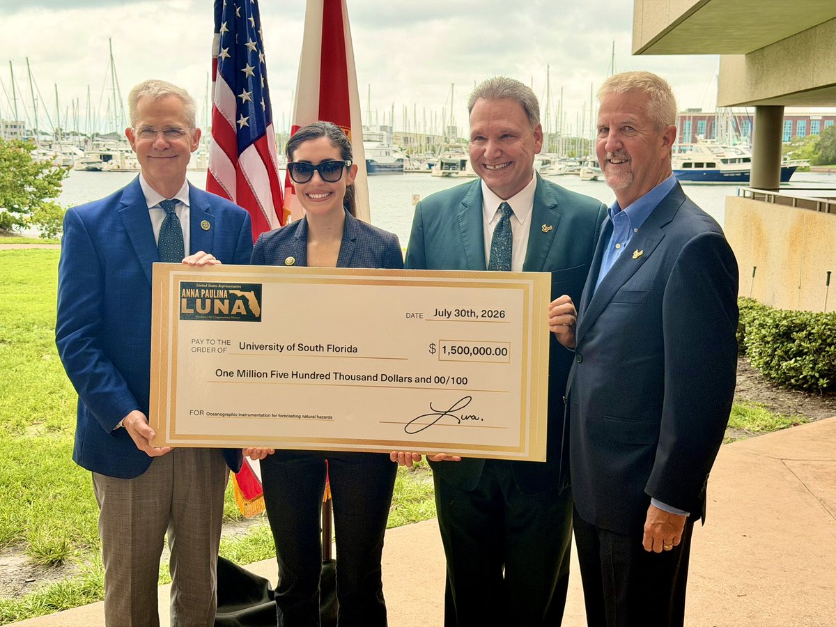 RepLuna's tweet photo. BOOM. $1.5 million check delivered to USF for new equipment to help with hazard forecasting. So next time a massive hurricane hits our area we might be better prepared! Another tax return for the local community 🫡 https://t.co/6bKyEzZynW
