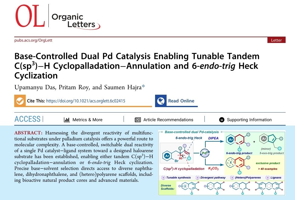 Upamanyudas07's tweet photo. In this study, we developed a base-controlled, tunable Pd-catalyzed annulation strategy that enables a common substrate to undergo two distinct reaction pathways: tandem C(sp³)–H cyclopalladation–annulation or 6-endo-trig Heck cyclization.

#Catalysis #PalladiumCatalysis https://t.co/dtEM5vAucF