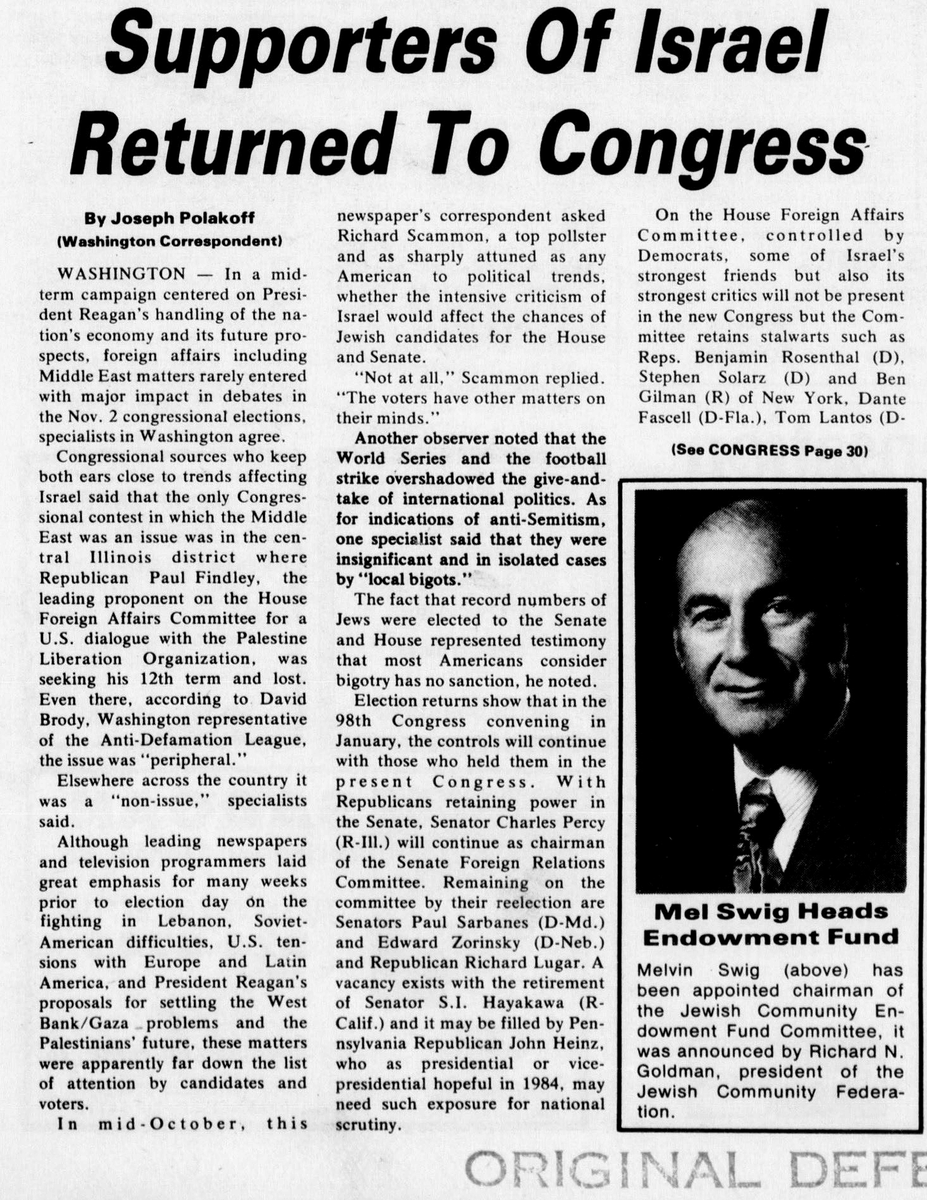 Wallface's tweet photo. 1982, during Israel's invasion of Lebanon, this was the headline: 
"Supporters of Israel Returned to Congress." That same election ended Paul Findley's career for backing peace talks with the PLO.
2 years later they took out Senator Percy. AIPAC's director: "American politicians, those who hold public positions now, and those who aspire, got the message."
2026: Massie opposed funding Israel's war in Gaza.
They spent over $30 million and took his seat.
Same machine, different price.
