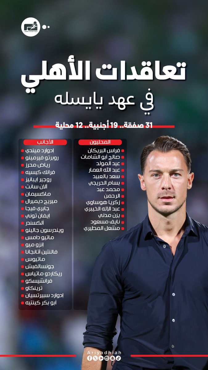 ariyadhiah's tweet photo. 🤝 في عهد يايسله.. #الأهلي 31 صفقة 🔥 ⚽️

#دوري_روشن_السعودي🇸🇦
#RoshnSaudiLeague https://t.co/EvDx9VGyxD