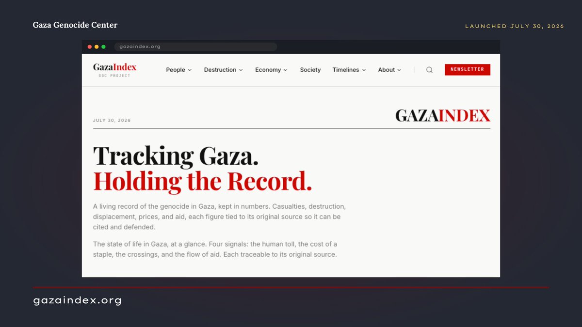 GazaGenocideCtr's tweet photo. Today we launched GazaIndex, a free and open-access data record of the genocide in Gaza.

Casualties, destruction, aid flows, market prices, attacks on healthcare, access and blockade conditions, and reconstruction, in one place.

https://t.co/uj2AyS63uS https://t.co/lEV1xzkppE