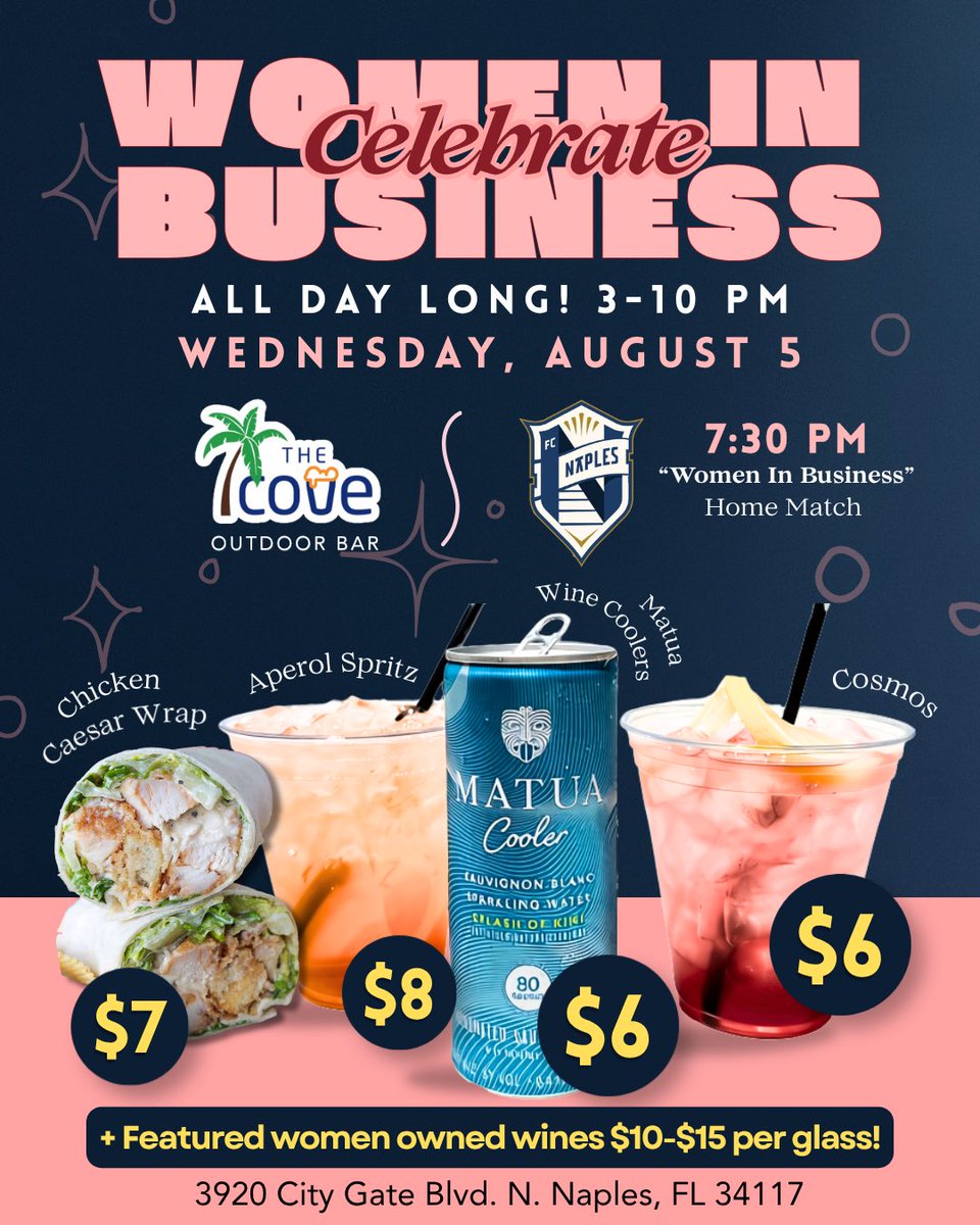 PCSCNaples's tweet photo. 💼✨ Celebrate Women in Business Night with FC Naples at The Cove Outdoor Bar! ⚽🍷

Join us next Wednesday, August 5 before, during and after the FC Naples “Women in Business” Home Match for an evening of great food, refreshing drinks! https://t.co/y7etqyeISh