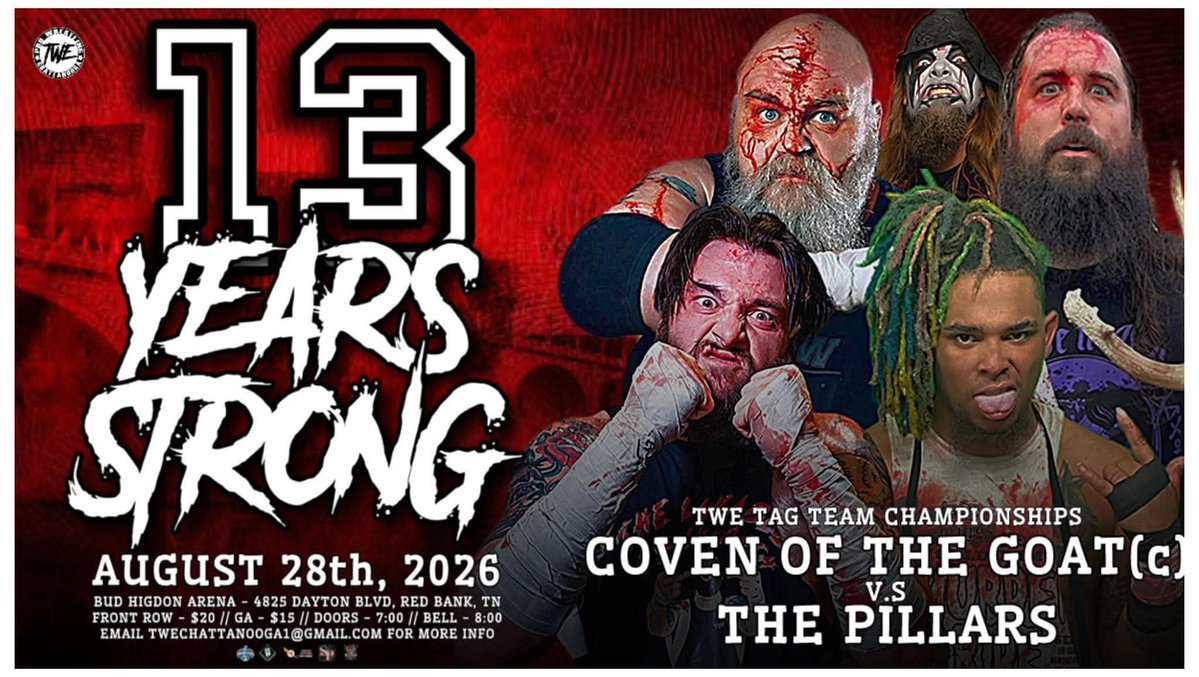 TWE_Chattanooga's tweet photo. TWE Presents: 13 Years Strong
8/28 &amp; 8/29

 Match Announcement:

TWE Tag Team Championship 
Coven Rules (No DQ)
Coven Of The Goat (@Tank_Est1996
&amp; @NathanMowery w @revdanwilson) vs
The Pillars!

Live on IWTV

Tix at https://t.co/HhUrFXZ0Ms https://t.co/jzJrrf2540