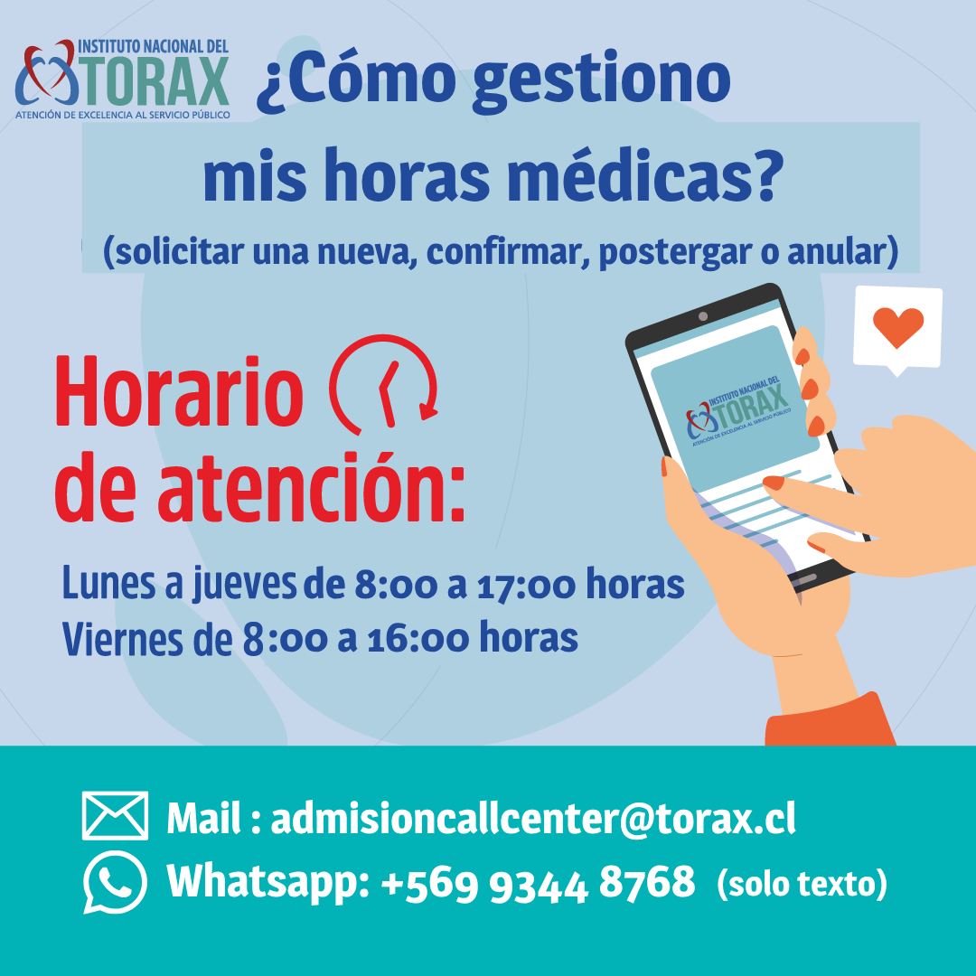 Toraxchile's tweet photo. ¡Gestiona tus horas médicas sin salir de casa! 🫁📱

Solicita, confirma, posterga o anula tu hora a través de nuestros canales a distancia:

✉️ admisioncallcenter@torax.cl 
💬 WhatsApp: +569 9344 8768 (solo texto)
⏰ Horario: L a J de 8:00 a 17:00 | V de 8:00 a 16:00 hrs. https://t.co/i63v1asZER