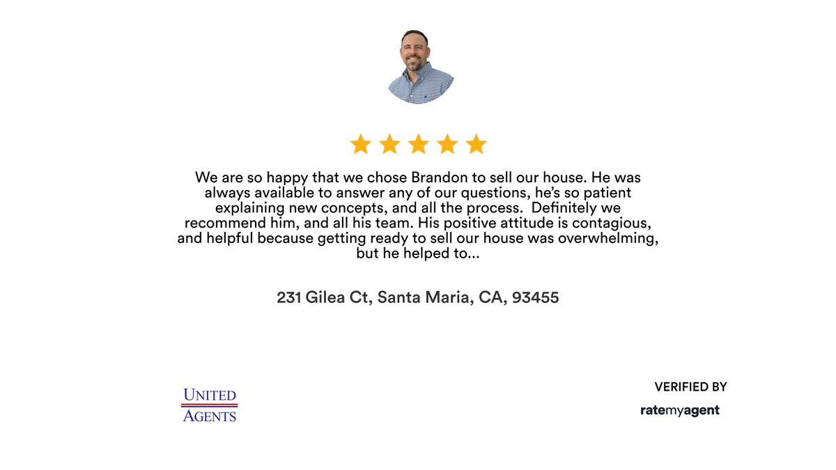 brandonsmithua's tweet photo. My latest RateMyAgent review in Santa Maria.
CA 01933290
https://t.co/P0luBBhMX4

...
#ratemyagent #realestate #United_Agents https://t.co/rSyNCwtsrF