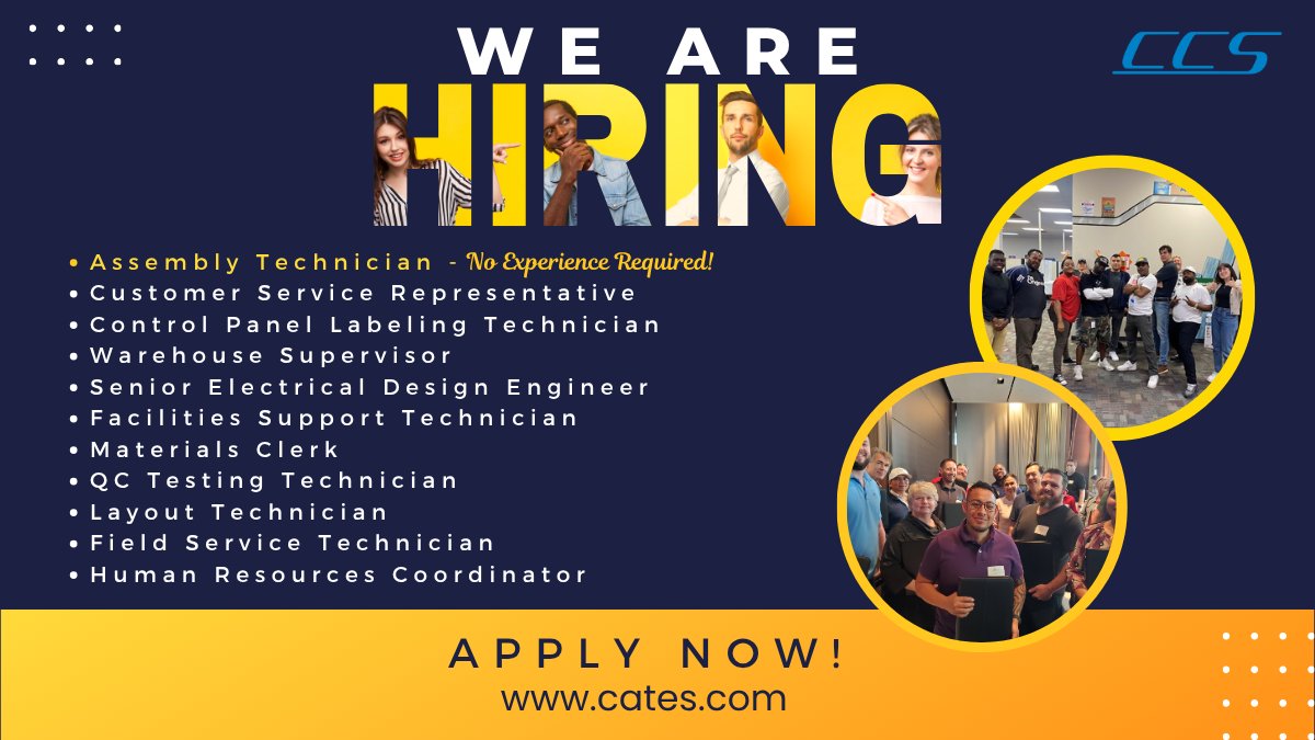 CatesControls's tweet photo. We’re hiring in industrial automation.
 
Ready to take on meaningful, hands-on work?
 
Open Positions:
 
- Assembly Technician – No experience required for this role!
- Customer Service Representative - Manufacturing
- Control Panel Labeling Technician
- Warehouse Supervisor
- Senior Electrical Design Engineer
- Facilities Support Technician (Warehouse & Manufacturing Support)
- Materials Clerk
- QC Testing Technician
- Layout Technician
- Field Service Technician
- Human Resources Coordinator – Recruiting & Onboarding
 
Apply → https://t.co/SyngLyWhYW
 
#EngineerJobs #NowHiring #TechCareers