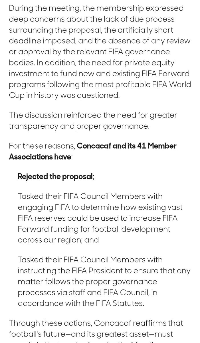 I_amMukhtar's tweet photo. This is the statement from CONCACAF and its 41 Member Associations.

So far, that's 96 of the 211 member nations that have rejected Gianni Infantino's proposal. https://t.co/WiydGemWCY