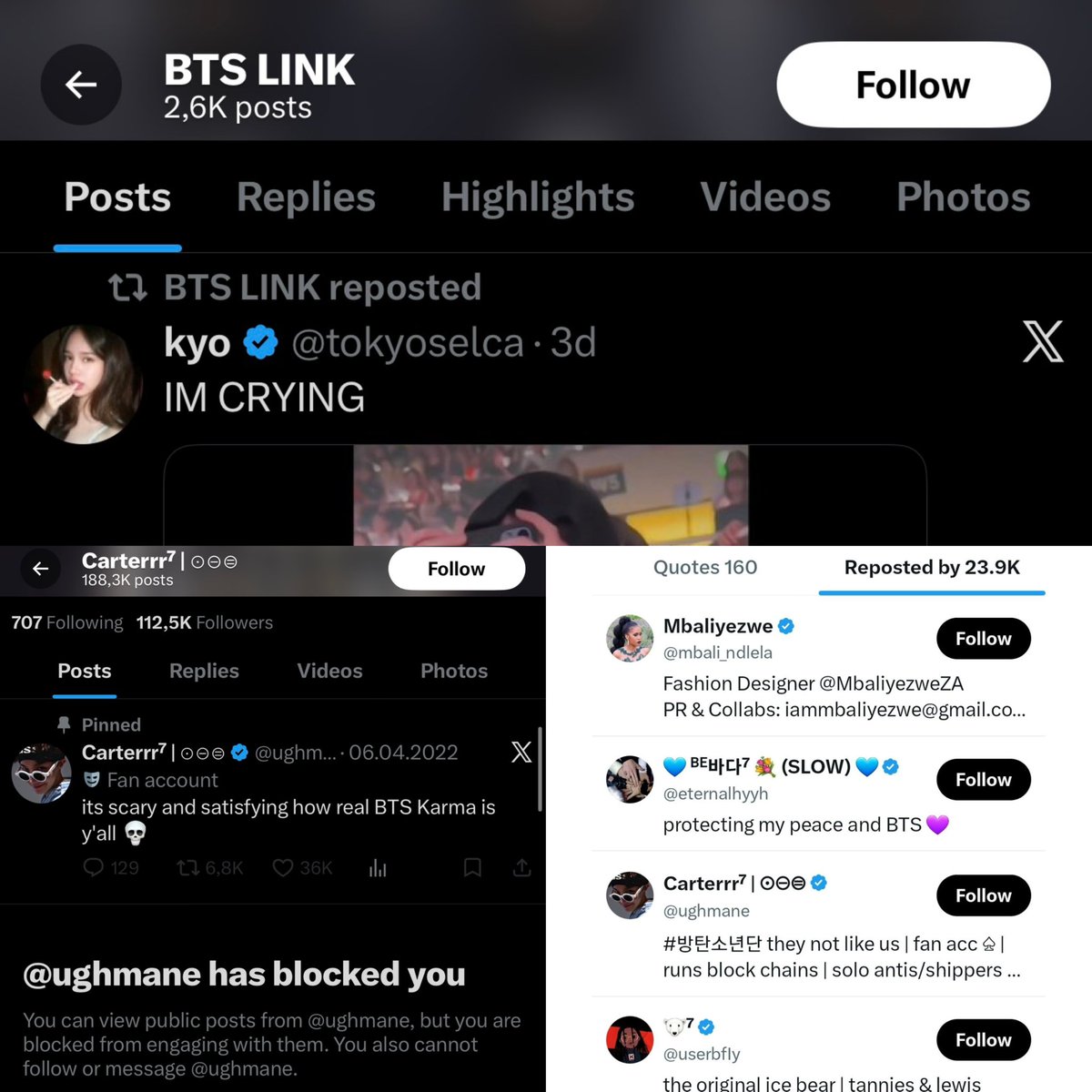 yearnerjkv's tweet photo. @taehyvngpics All the possible big accs are in her reposts DAILY
@btschartsxdaily (bigass acc)
@taesoothe was called out multiple times
@ughmane blocking everyone who’s not a jikooker &amp;pjm but rting vile tae antis
@rize07addict
@btslink77
@koonimies
@eternalhyyh
@unotaehyung
And so much more⤵️ https://t.co/cILAE0JUVa