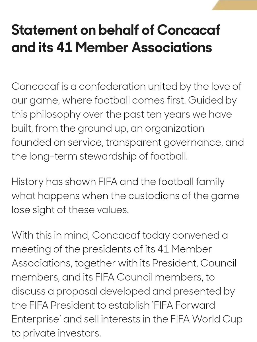 I_amMukhtar's tweet photo. This is the statement from CONCACAF and its 41 Member Associations.

So far, that's 96 of the 211 member nations that have rejected Gianni Infantino's proposal. https://t.co/WiydGemWCY