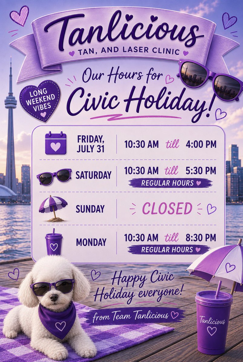 TanliciousTan's tweet photo. Happy Civic Holiday๐๐โ๏ธ These are Civic Holiday Hours have an Amazing Weekend Love Team Tanlicious #Civic #Holiday #Hours #Toronto #NorthYork https://t.co/NYrX3mNNM9