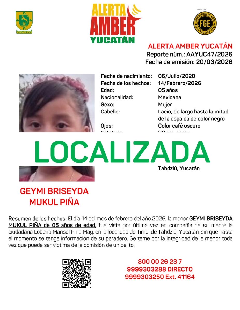 AAMBER_yucatan's tweet photo. #AAYUC Informa de la DESACTIVACIÓN de la ALERTA AMBER de las niñas GEYMI BRISEYDA y LESLY LICELI ambas de apellidos MUKUL PIÑA de 05 y 02 años de edad respectivamente, en el Estado de Yucatán, lo anterior por haber sido LOCALIZADAS. @fgeyucatan https://t.co/04xQGTlYmL