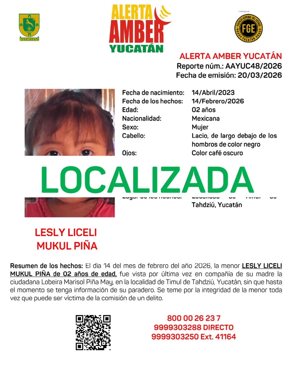 AAMBER_yucatan's tweet photo. #AAYUC Informa de la DESACTIVACIÓN de la ALERTA AMBER de las niñas GEYMI BRISEYDA y LESLY LICELI ambas de apellidos MUKUL PIÑA de 05 y 02 años de edad respectivamente, en el Estado de Yucatán, lo anterior por haber sido LOCALIZADAS. @fgeyucatan https://t.co/04xQGTlYmL