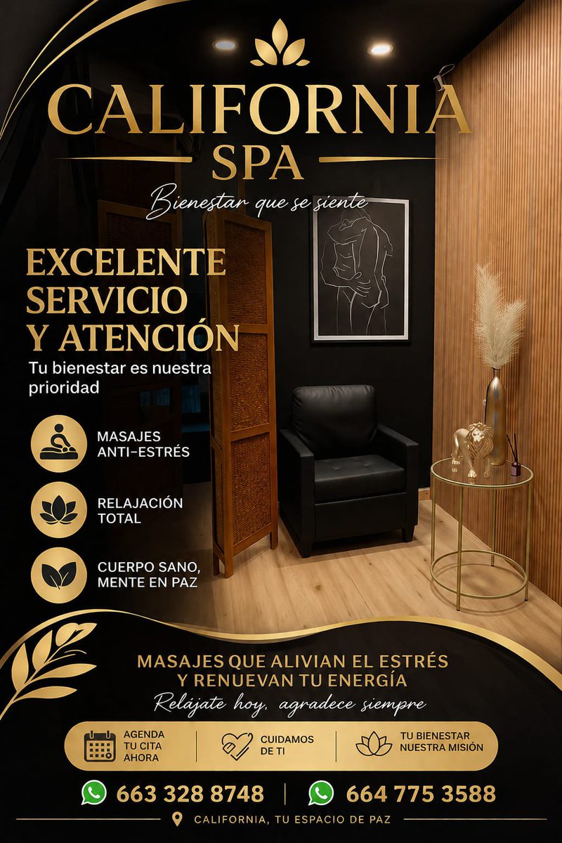 calif_spatj's tweet photo. ✨️BIENVENIDO A CALIFORNIA MASAJES✨️

Ambiente de relajación y bienestar

Un espacio diseñado para desconectar, relajarte y cuidar de ti.🤍

📱Citas por WhatsApp: 663 328 87 48 o 664 775 35 88 

#masajestijuana #spatijuana #masajerelajante #tijuanaBC #tj #masajescalifornia https://t.co/Zff6rNpOen