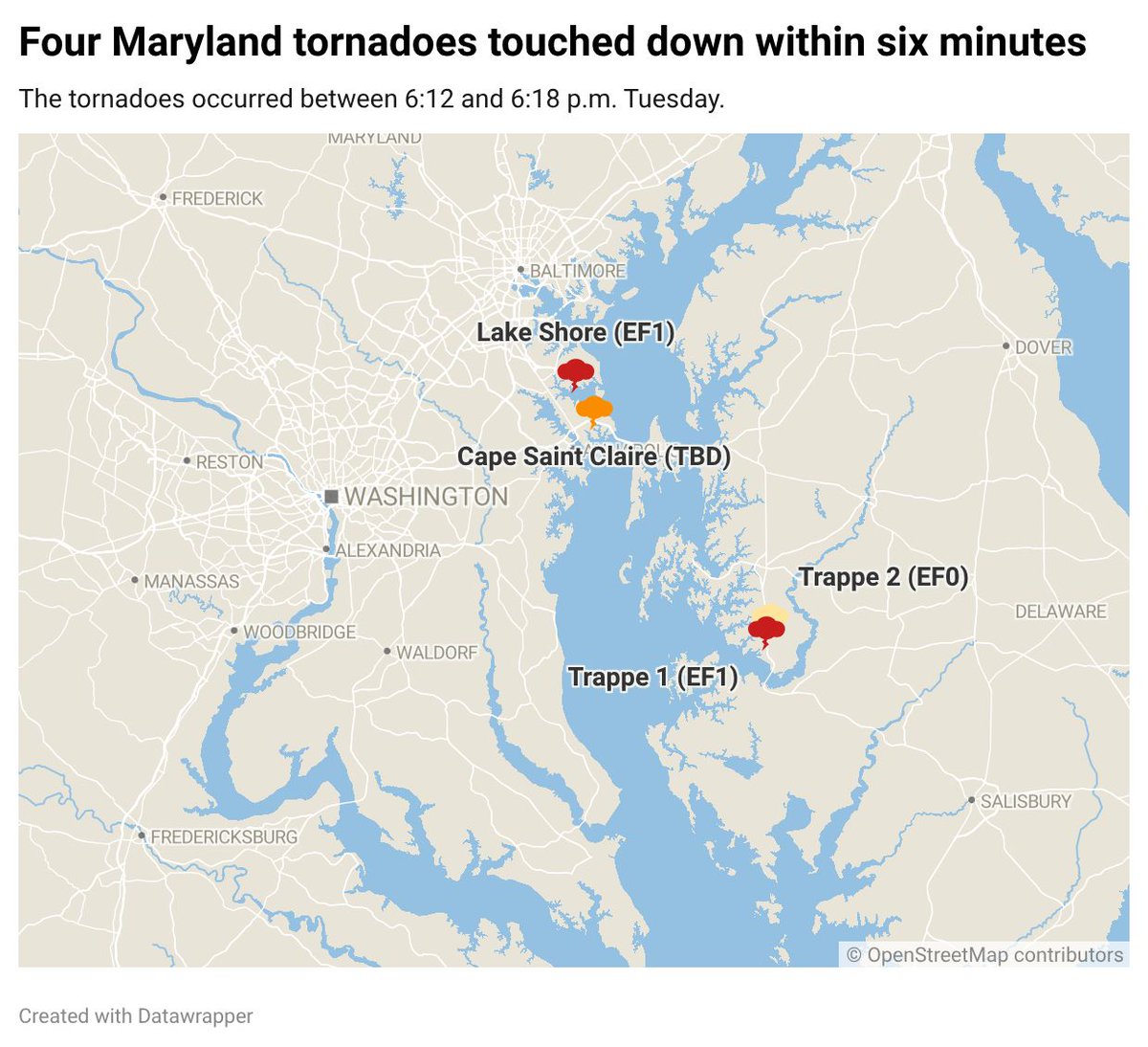 capitalweather's tweet photo. Four tornadoes struck Maryland on Tuesday, all happening within 6 minutes!

2 in Anne Arundel County
2 in Talbot County

Find out the details here and also see video: https://t.co/T3fI0LJRGh https://t.co/GOTYMTeztN