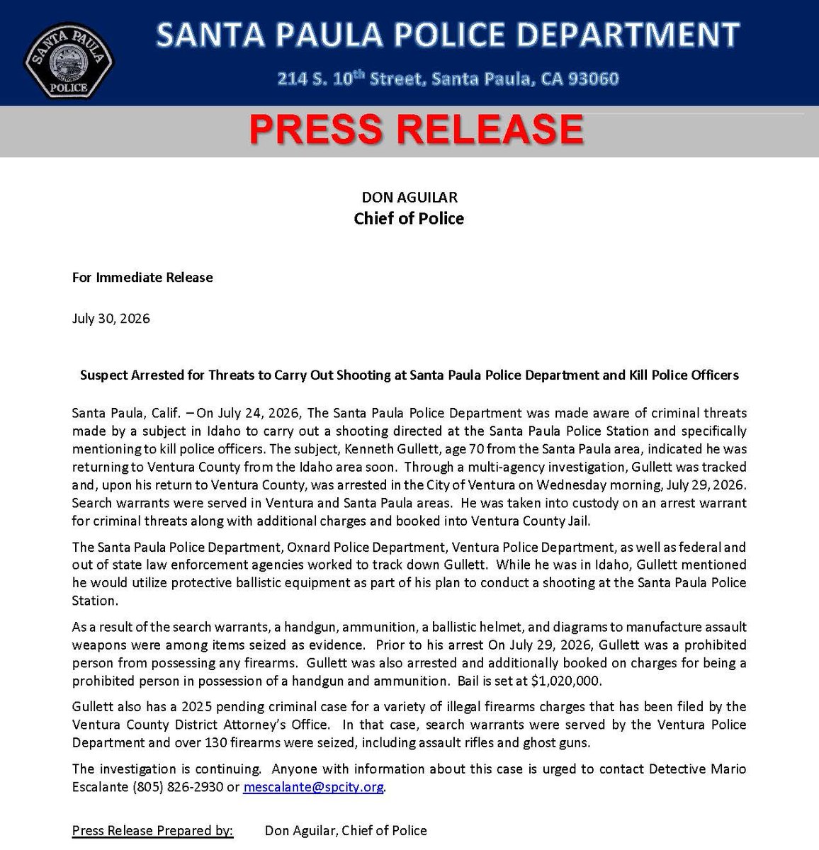 SP_Police's tweet photo. Press Release: Suspect Arrested for Threats to Carry Out Shooting at Santa Paula Police Department and Kill Police Officers
Communicado de Prensa: Detienen a sospechoso por amenazas de perpetrar un tiroteo
en el Departamento de Policía de Santa Paula y matar a agentes de policía https://t.co/KALullyiaH