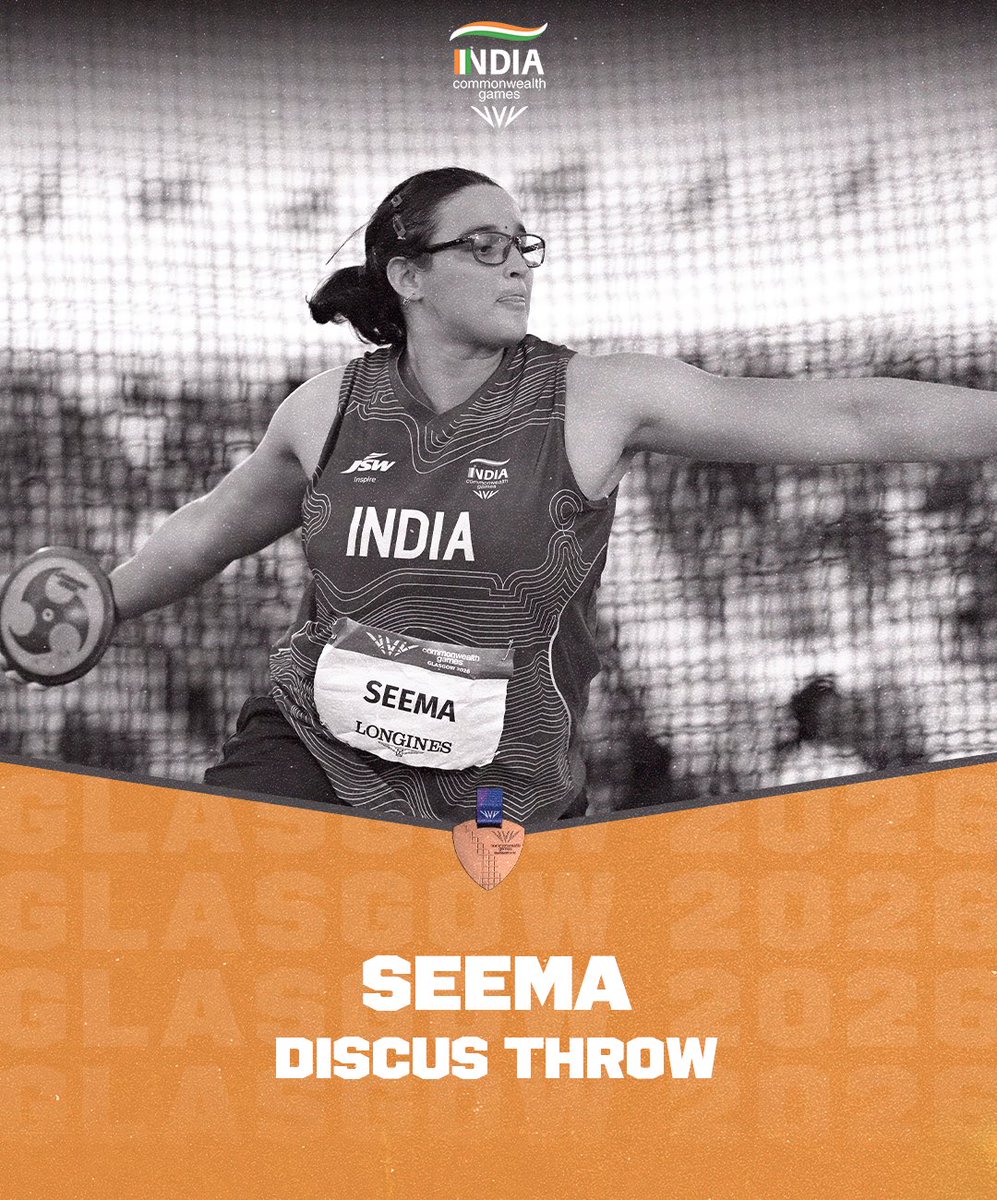 WeAreTeamIndia's tweet photo. The days action ends with a Bronze Medal in the Women’s Discus Throw. 

Congratulations to Seema on a fantastic effort to win the Bronze, finishing ahead of her compatriot Nidhi Rani 🇮🇳 who finishes 4th.

Let’s #Cheer4Bharat 

#WeAreTeamIndia | #TogetherWeDream https://t.co/0O6UgDAExs