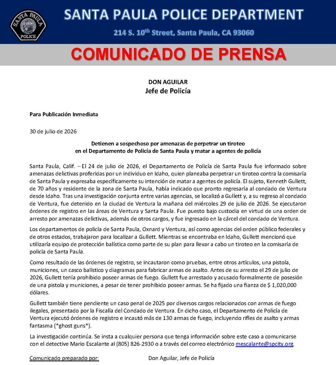 SP_Police's tweet photo. Press Release: Suspect Arrested for Threats to Carry Out Shooting at Santa Paula Police Department and Kill Police Officers
Communicado de Prensa: Detienen a sospechoso por amenazas de perpetrar un tiroteo
en el Departamento de Policía de Santa Paula y matar a agentes de policía https://t.co/KALullyiaH