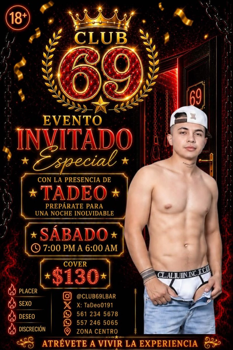 Club69Cuerna's tweet photo. Los esperamos este sábado 1 de Agosto para q se la pasen increíble y convivan con nuestro invitado @TaDeo0191 🔥😈 https://t.co/BRETVcpCnq