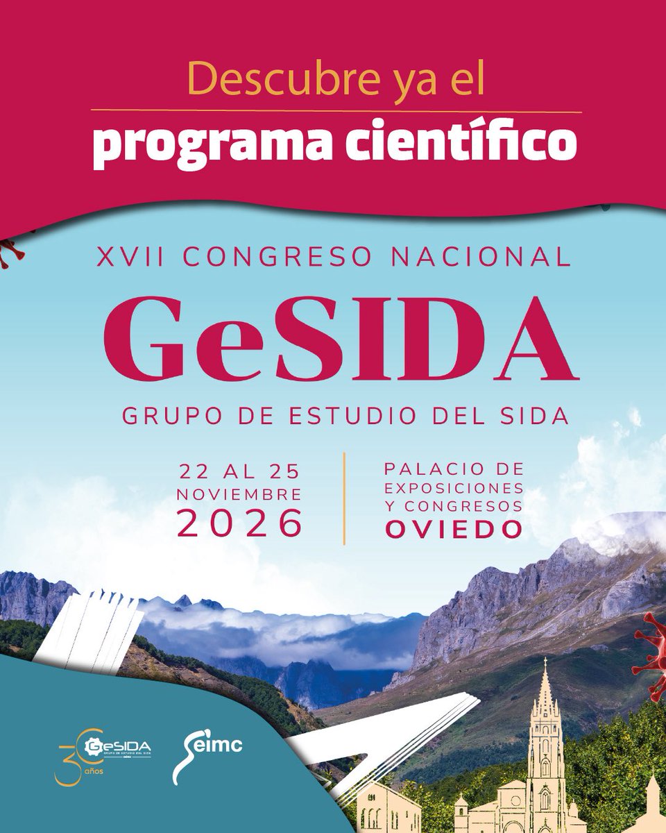 GeSIDA_SEIMC's tweet photo. 🆕 Ya disponible el programa del Congreso #GeSIDA26, que tendrá lugar del 22 al 25 de noviembre en Oviedo. 

🔎 Descubre los temas y ponentes del principal encuentro científico sobre #VIH de España. 

➡️ https://t.co/wDiySG13by https://t.co/vf4IafrhdN