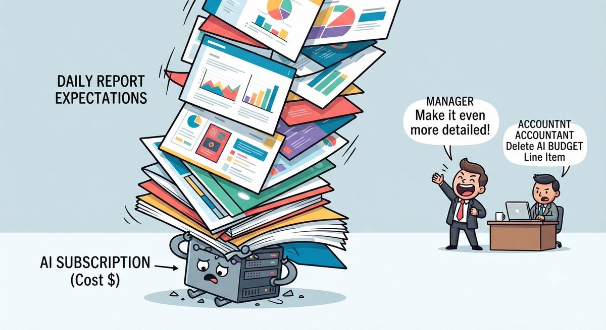 NeekeGAO's tweet photo. When AI flattens the barrier to entry for producing high-quality PPTs, the premium for exquisite formatting and reporting structure instantly drops to zero. Management's expectations for reports inflate infinitely, yet maintaining the expensive subscription budget for the tool becomes the primary "cost" targeted for optimization.
