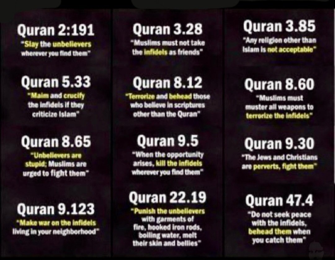 USWACVET's tweet photo. @warDaniel47 @teammagakim No one can serve 2 masters. If a person is Muslim &amp; therefore accepts the tenets of their faith, then they can NOT be a good American citizen, since the Quran DEMANDS they KILL all non-believers. See Quran quoted in image below. The Quran &amp; the Constitution are 100% incompatible. https://t.co/bIhnXP6PQ0