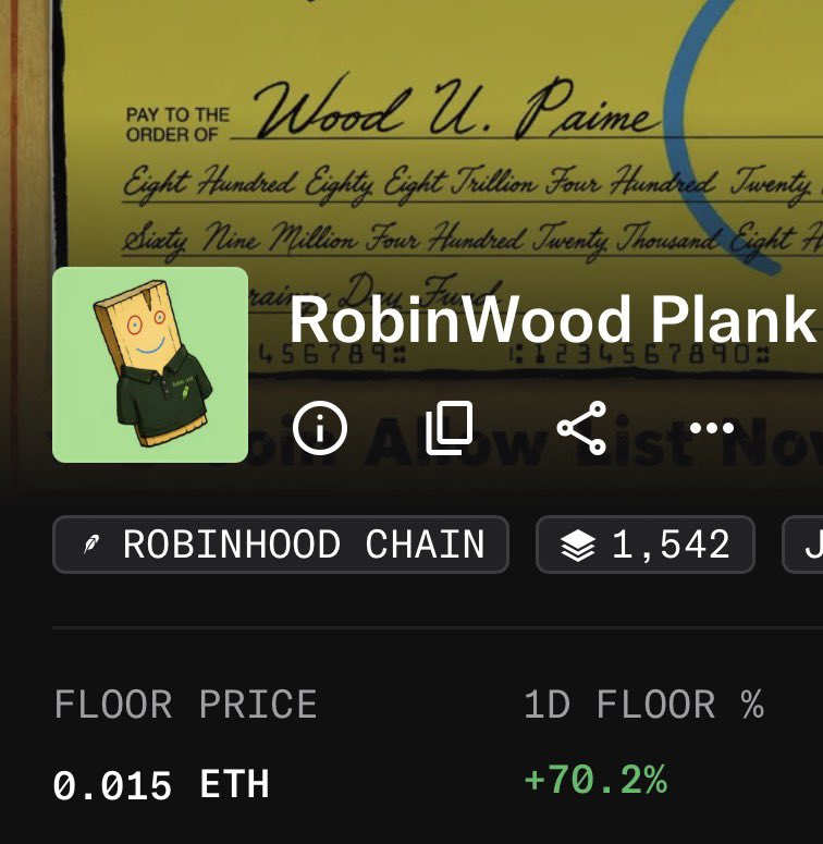 aster_cast's tweet photo. Ticker ATH and NFT collection is up I thought no one wanted $PLANK? 😹

I’m GIVING AWAY 1 Plank NFT 🏆🚨

Like + RT + follow @RobinWoodPlank 
Comment address 👀 48HR 
#robinhood #giveaway #robinwood 

0x69420eaf0ebf43e08f621b014f25cefdfa7e2ddc https://t.co/EsoRUmH6ws