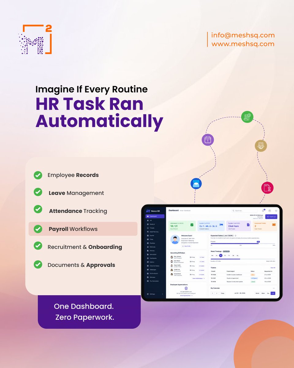 MeshSquare's tweet photo. HR teams spend hours on repetitive administrative tasks every day. Mesh Sq HRMS helps automate payroll, attendance, recruitment, employee records, and more,so your team can focus on people, not paperwork.

Streamline HR. Boost Productivity. Drive Growth.

https://t.co/u1SwZfDqJ3 https://t.co/T2ZxnXQV6e