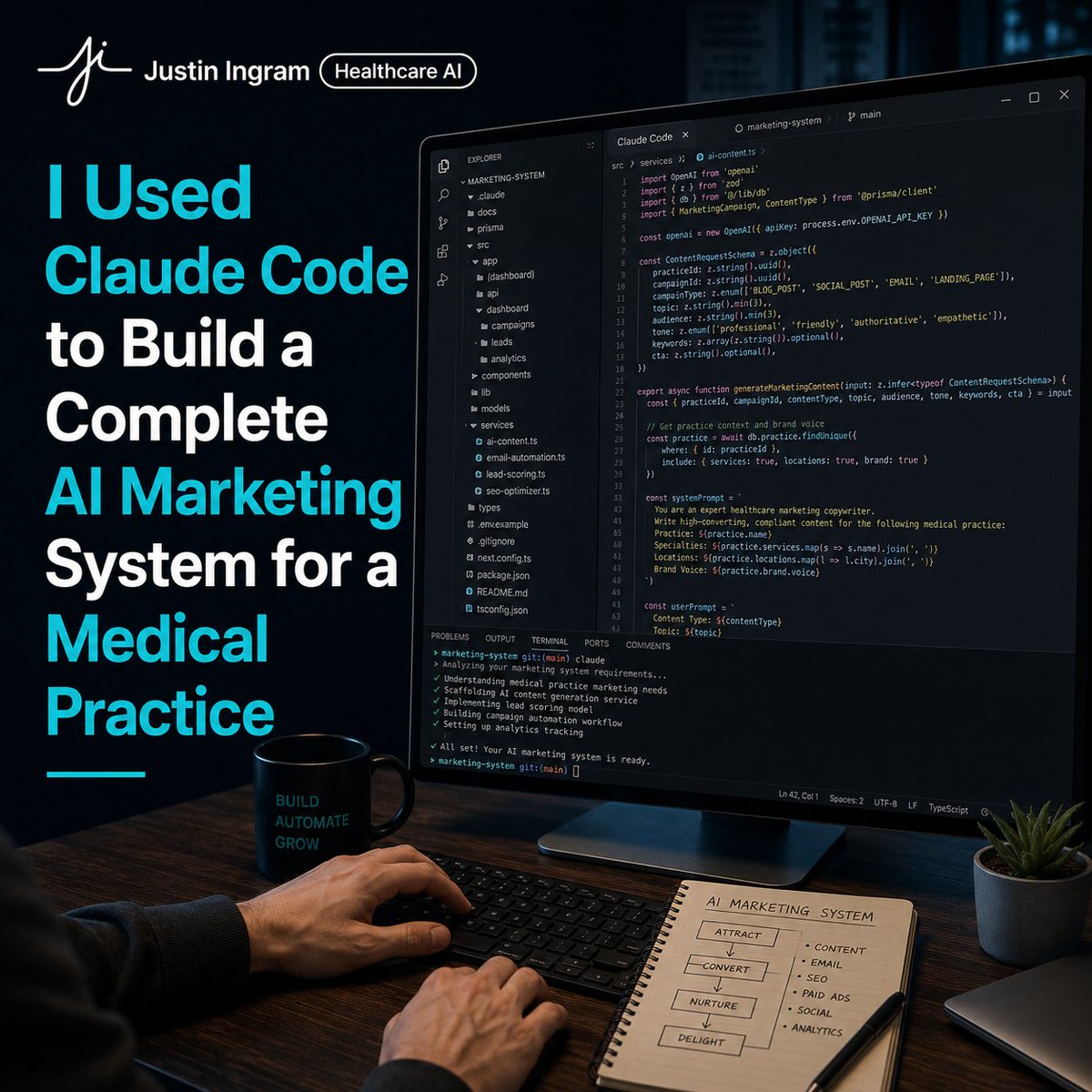 JustinHealthAI's tweet photo. One of the biggest misconceptions I hear from doctors is, "AI is just another chatbot."

That might have been true a year ago, but it's definitely not true today.

Over the last few weeks, I've been testing Claude Code alongside ChatGPT Images. Instead of asking AI to create one graphic or one email, I asked it to build an entire marketing system for a medical practice.

Here's what it created.

✅ A complete Brand Guide after researching the practice's website, including its messaging, branding, patient avatar, services, and tone of voice.

✅ 30 educational social media posts customized for the practice.

✅ Weekly newsletters, nurture campaigns, patient education emails, and reactivation campaigns.

✅ An SEO content strategy with blog ideas, keywords, outlines, and a content calendar.

✅ Patient handouts and marketing graphics that automatically matched the practice's branding.

Here's what really stood out.

The biggest breakthrough wasn't that AI created all of those assets. It was that it first learned the business.

Once the Brand DNA was built, every new email, blog, social post, patient guide, and graphic already understood the practice's voice, messaging, and ideal patient. There was no starting from scratch every time.

That's the difference between using AI as a chatbot and using AI as part of your team.

This is exactly how we're implementing AI inside medical practices, and I believe it's where healthcare AI is headed.

If you're still opening ChatGPT every morning with a blank prompt, you're making AI work much harder than it has to.

👇 Want to see how we're building AI systems like this for medical practices?

📅 Schedule your FREE AI Strategy Call:
https://t.co/zwmGOLxf4P
📩 Or subscribe to my FREE Weekly Healthcare AI Brief for practical AI tips, workflows, new tools, and a free implementation resource every Tuesday.
https://t.co/lVrnUFno3C
.
#HealthcareAI #ArtificialIntelligence #MedicalPractice #HealthcareInnovation #MedicalMarketing #PracticeGrowth #HealthcareTechnology #AIForHealthcare #Doctors #Dentists #PrivatePractice #MedicalOffice #PracticeManagement #HealthcareLeadership #DigitalHealth #ClinicGrowth #HealthTech #MedicalAI #HealthcareMarketing #JustinHealthcareAI