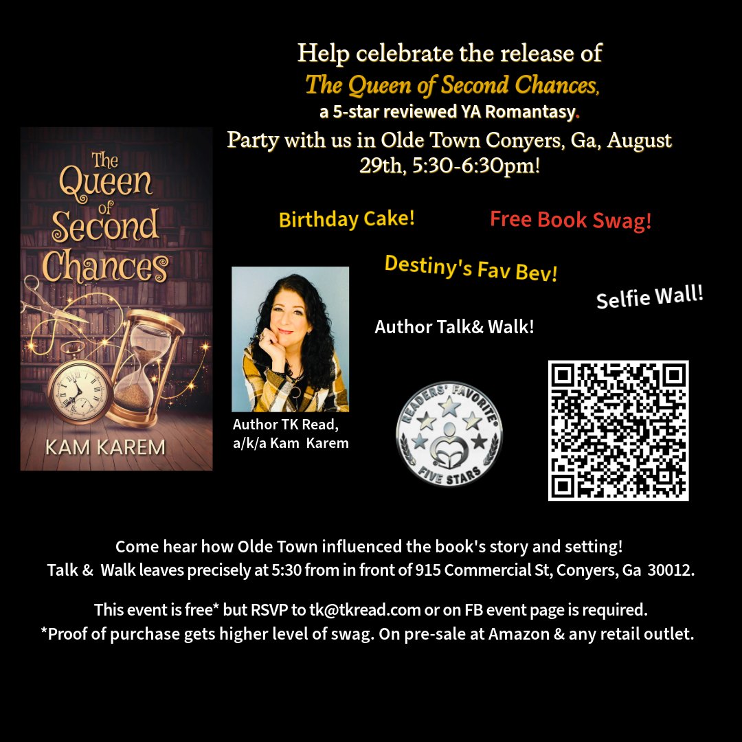 tkread's tweet photo. Book birthday! Walk, drive or skooter to Olde Town Conyers on August 29th, 2026 at 5:30pm! We'll walk the block &amp; discuss how the city influenced the book. There will be cake, drinks and presents (for you! ). #oldetownconyers #covingtonga #atlanta #atlantaga #atl #romantasy https://t.co/NnuC1J2g15
