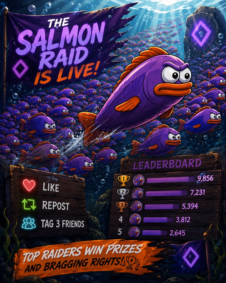 SalmonadOG's tweet photo. 🚨 THE SALMON RAID IS LIVE! 🚨

The school is back in the water. 🐟

This week’s winners will be determined by the leaderboard, so every interaction counts.

How to enter:
❤️ Like this post
🔁 Repost this post
👥 Tag 3 friends in the comments

Then get to work climbing the leaderboard.

🏆 Top raiders will earn the prizes and bragging rights until next week’s run.

The bigger the school, the stronger the current.

Let’s show Monad what the Salmonads can do.

🐟 See you at the top.

#Monad #Salmonad #RaidContest