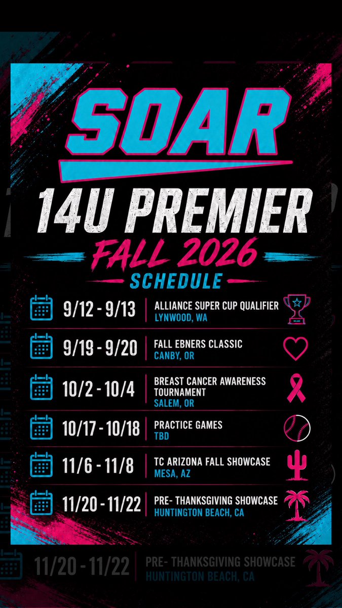 SoarAthletes's tweet photo. 2026 Fall schedule with our three Premier teams. Going to be a fall to remember with the talent we have. Cannot wait to get started with our family. 🫶🏼

#Softball
#Fastpitch 
#FastpitchFamily 
#PremierSoftball 
#CollegeRecruiting 
#RecruitMe 
#SoftballRecruiting https://t.co/Dk98e6oYlE