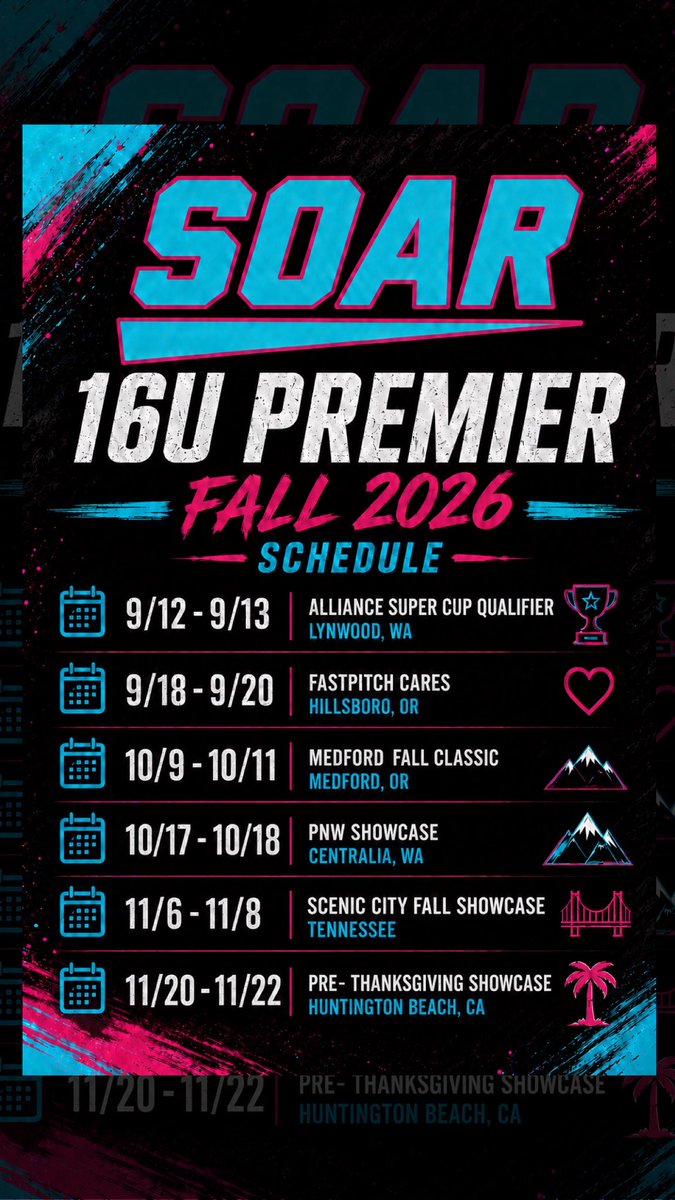 SoarAthletes's tweet photo. 2026 Fall schedule with our three Premier teams. Going to be a fall to remember with the talent we have. Cannot wait to get started with our family. 🫶🏼

#Softball
#Fastpitch 
#FastpitchFamily 
#PremierSoftball 
#CollegeRecruiting 
#RecruitMe 
#SoftballRecruiting https://t.co/Dk98e6oYlE