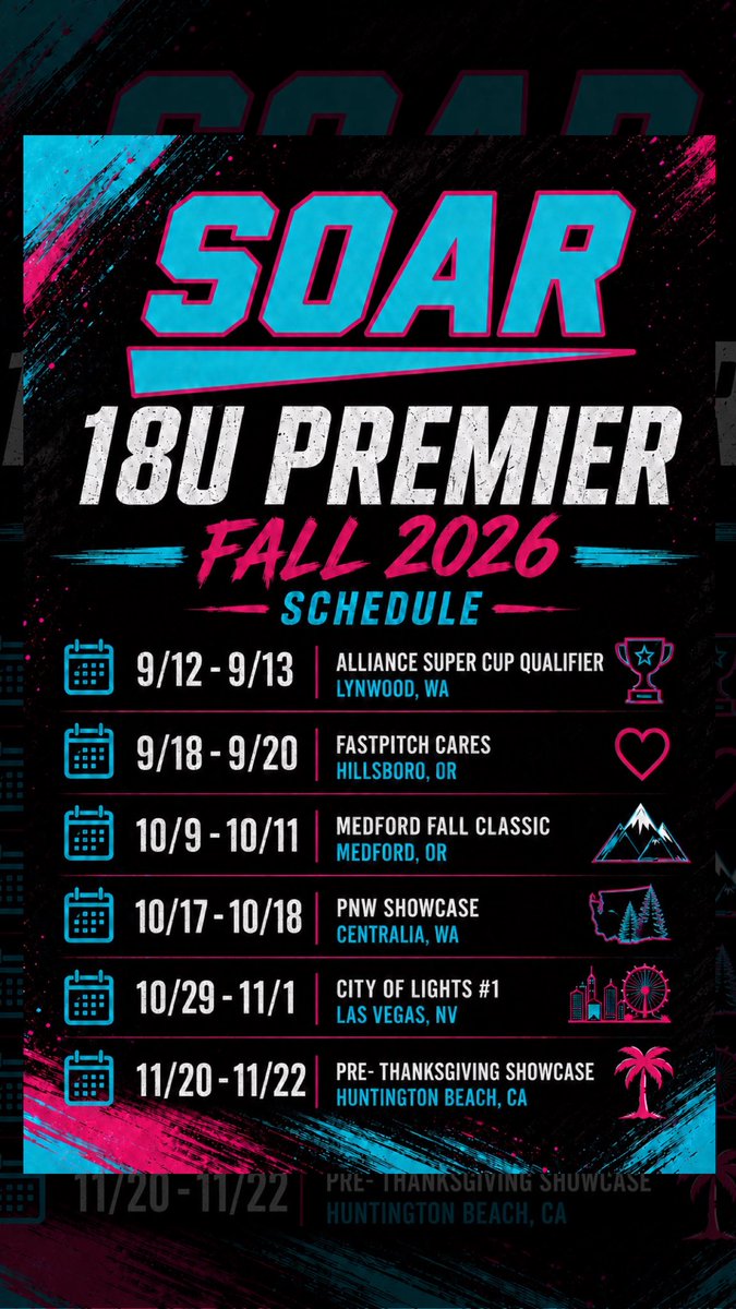 SoarAthletes's tweet photo. 2026 Fall schedule with our three Premier teams. Going to be a fall to remember with the talent we have. Cannot wait to get started with our family. 🫶🏼

#Softball
#Fastpitch 
#FastpitchFamily 
#PremierSoftball 
#CollegeRecruiting 
#RecruitMe 
#SoftballRecruiting https://t.co/Dk98e6oYlE