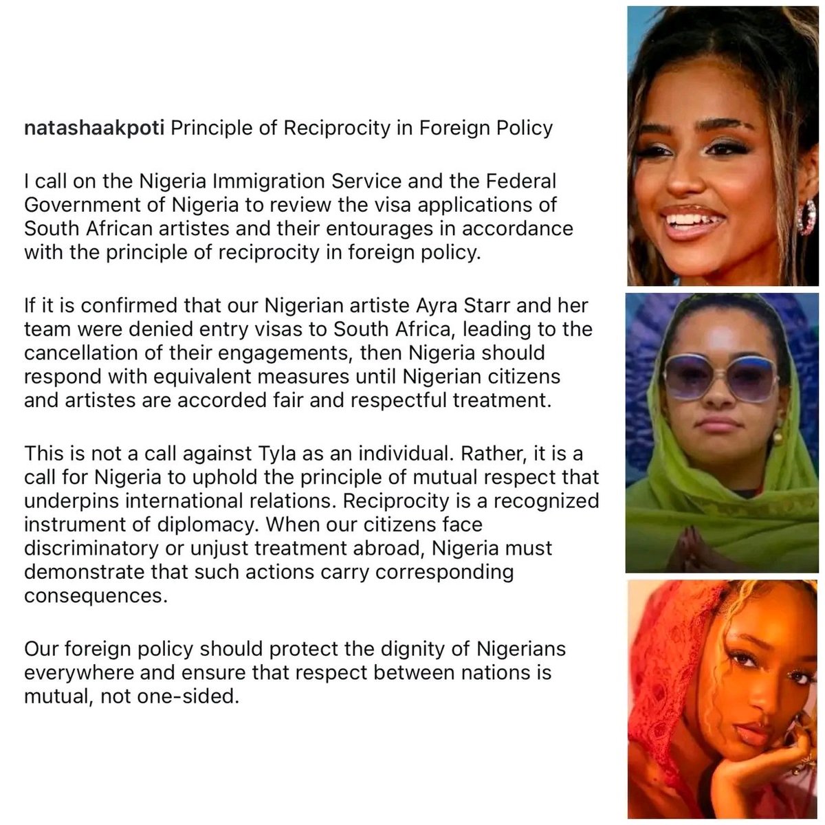 NigeriaStories's tweet photo. BREAKING: Senator Natasha Akpoti-Uduaghan has called on Nigeria Immigation Service to review visa application of South African 🇿🇦artistes and reciprocate as was allegedly done to Nigerian 🇳🇬 star Ayra Starr by South Africa https://t.co/2CUEw1G3Yy