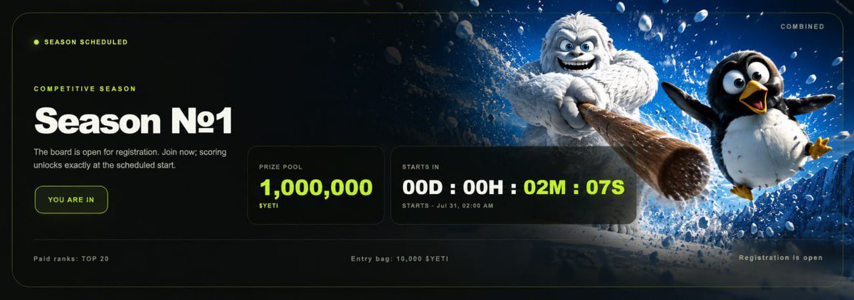 yetigamesfun's tweet photo. SEASON 1 STARTED 🟣

Hold 10,000 solana:BX8np2NYESCYThnWhRMXZytPyybKsbnVEYMPGgWVpump. That's it

24 hours. Top 20 split a 1,000,000 $YETI pool. 50,000 each

No staking. No  locking.  Just hold, connect, and play

Remember when you were actually good at these games? Prove it

https://t.co/8naJECBIXT

$YETI