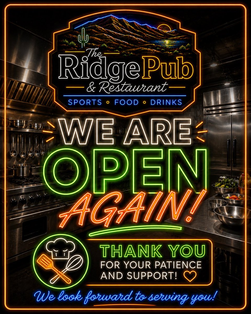 ridgepub26's tweet photo. WE ARE OPEN AGAIN!
After being temporarily closed this morning getting NEW kitchen equipment installed, we are open again!
Thank you for your patience and support!
We look forward to serving you!

#theridgepubandrestaurant #ridgepub #osoyoos #hwy3and97 #GreatThingsAreHappening https://t.co/jdY2u2jfzG