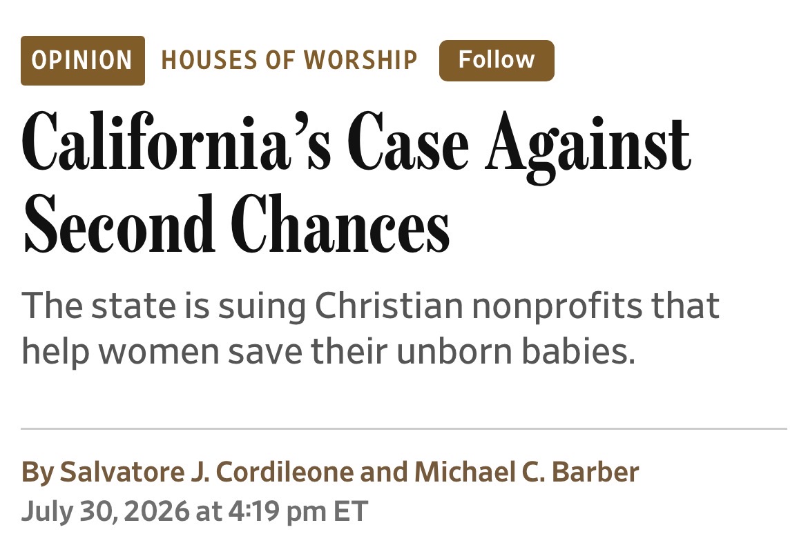 ThomasMoreSoc's tweet photo. "What kind of people see a pregnant woman who wants to reverse the effects of an abortion pill and think, 'Let’s punish the nonprofits that informed her she has a choice'?"

@ArchCordileone and Bishop Barber in @WSJopinion. 

Link below. 🔗 https://t.co/FDHuqPuFiK