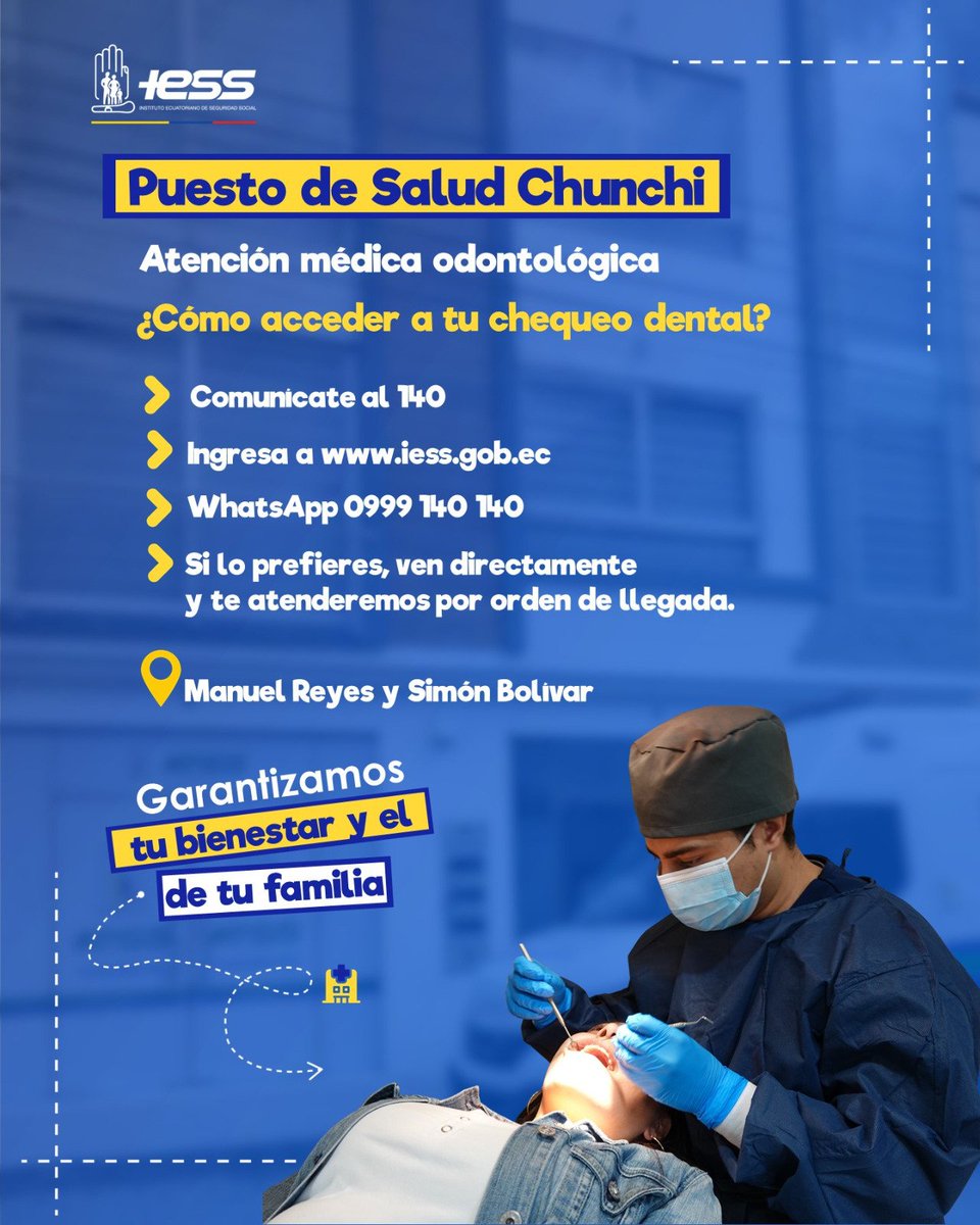 IESSChimborazo's tweet photo. #IESSnoPara | En el Puesto de Salud Chunchi agilizamos la atención. Agenda un turno o visítanos y te asignaremos una cita por orden de llegada para tu chequeo médico odontológico. ¡Tu salud dental es prioridad! 🏥🦷🤝🏻 https://t.co/zbSeVFnft7