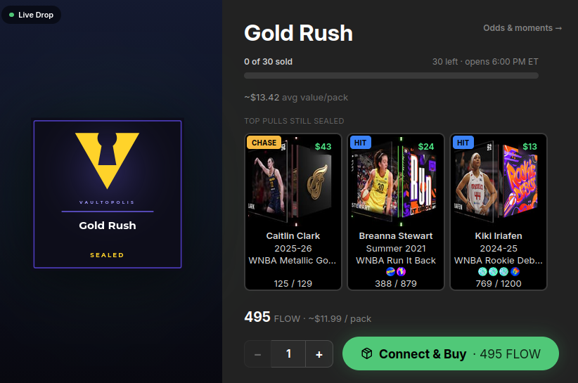 vaultopolis's tweet photo. Gold Rush 🏀 our next wnba pack drop, live now

30 sealed packs · $12 each
3 wnba top shot moments per pack, every pack a guaranteed hit

🌟 chase: caitlin clark mgle
🛑 sale ends thu aug 6, 6pm ET
📦 packs open thu aug 6, 6pm ET

we all open together before fever vs aces 🏀

https://t.co/z34n32b2lg (flow wallet needed)